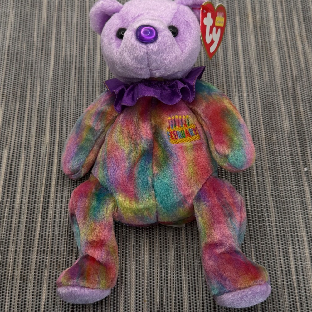 Ty Beanie Babies February Birthday Bear Amethyst Nose Tie Dye Plush Purple Bear